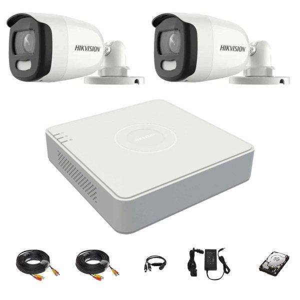 CCTV rendszer Hikvision 2 kamerák 5MP ColorVu 2.8mm, fehér fény 20m, 4
csatornás DVR, szerelési tartozékok, merevlemez 1TB