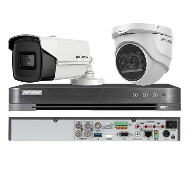 2 kamerás Hikvision vegyes felügyeleti rendszer, 1 kupola 8MP 4 az 1-ben, IR
30m, 1 golyó 4 az 1-ben 8MP, 3.6mm, IR 80m, 4ch DVR 4K 8MP