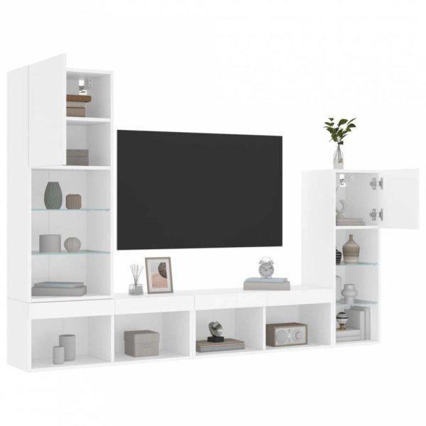 4 darab fehér szerelt fa fali TV-bútor LED-del