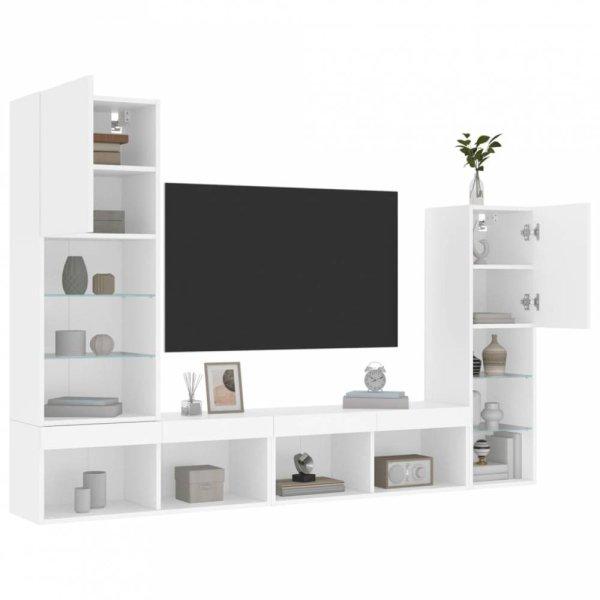 4 darab fehér szerelt fa fali TV-bútor LED-del