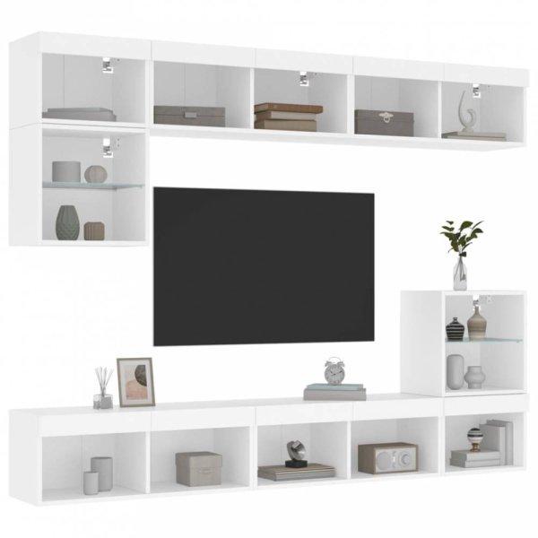 8 darab fehér szerelt fa fali TV-bútor LED-del