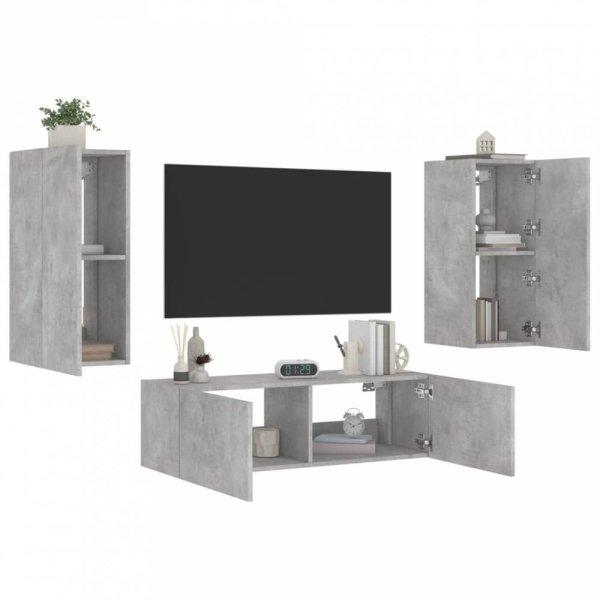 3 darab betonszürke falra szerelhető TV-szekrény LED-del
