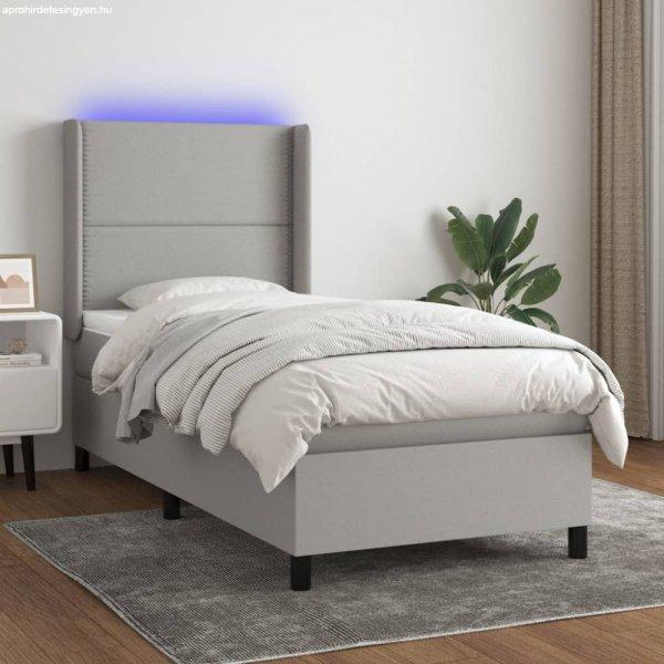 Világosszürke szövet rugós és LED-es ágy matraccal 90x200 cm