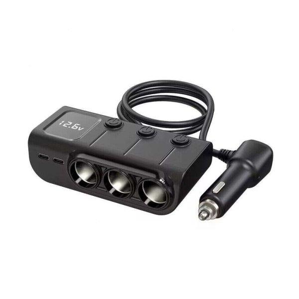 8 az 1-ben autós szivargyújtó elosztó adapter, 12-24V, 120W kimeneti
teljesítmény, akkumulátorfeszültség mutató, 3db gyorstöltő autós
szivargyújtó aljzat, 2db USB-C port,  3db USB A port