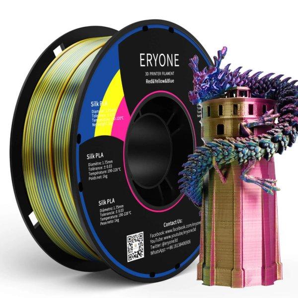 Eryone Silk PLA Triple Color selyemfényű piros, sárga és kék (red & yellow
& blue) háromszínű 3D nyomtató Filament 1.75mm, 1kg/tekercs