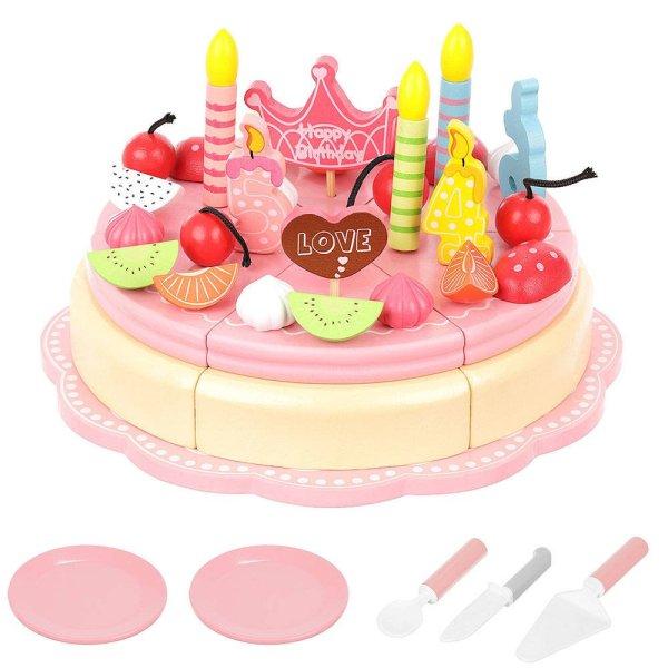 48 részes szeletelhető fa születésnapi torta
kiegészítőkkel - rózsaszín (BB-11223)