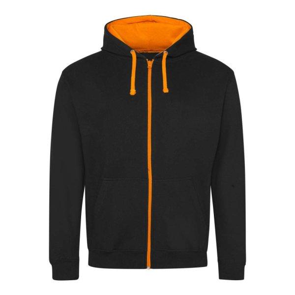 Just Hoods Uniszex pulóver kontrasztos színű cipzárral kapucnival AWJH053,
Jet Black/Orange Crush-M