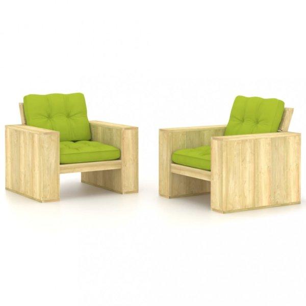 2 db impregnált fenyőfa kerti szék élénkzöld párnákkal
