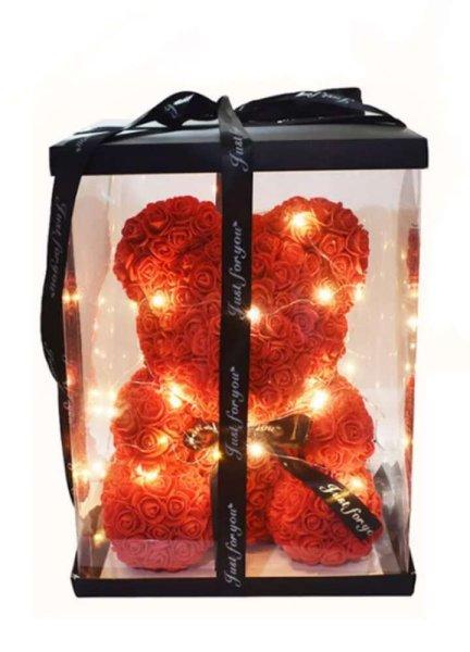 Rózsa maci, örök virág maci 40 cm díszdobozzal - piros + LED világítás 