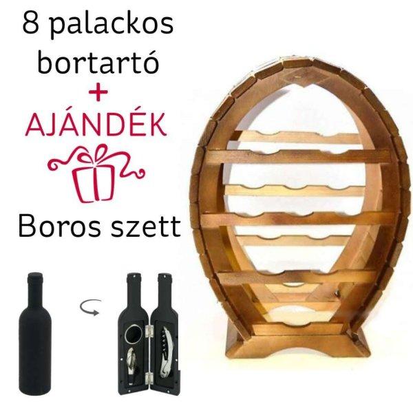 Fa hordó alakú bortartó állvány - 8 palacknak + AJÁNDÉK boros szett