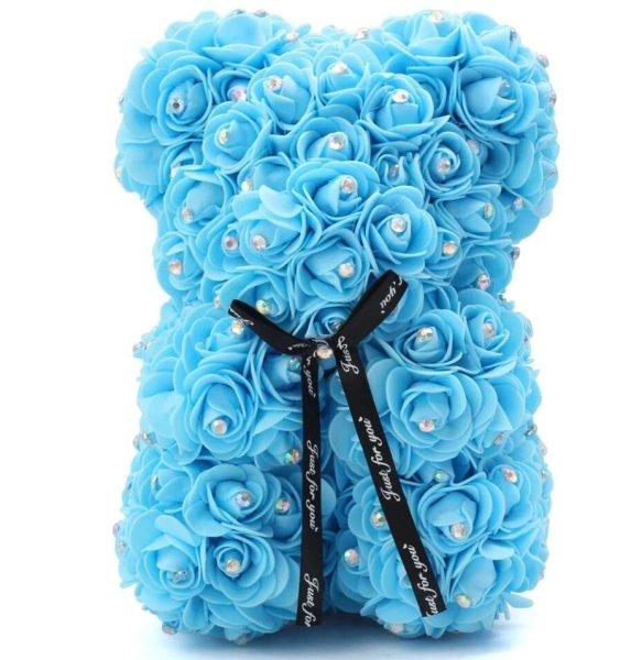 Rózsa maci, virágmaci csillogó strasszkővel 25 cm - kék