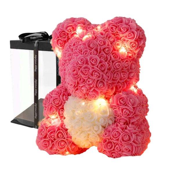 Rózsa maci LED világítással 40cm díszdobozban - rózsaszín-fehér