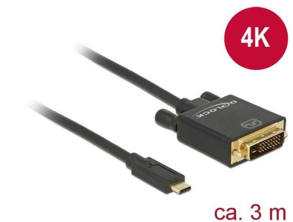 Delock Kábel USB Type-C csatlakozó > DVI 24+1 csatlakozó (DP váltakozó
mód) 4K 30 Hz, 3m, fekete