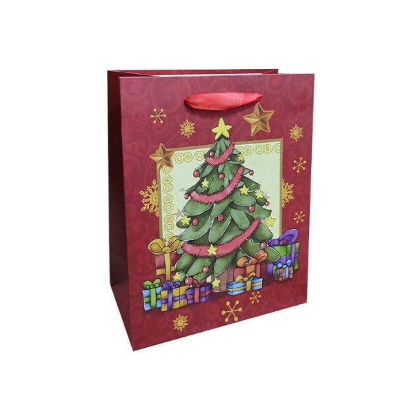 Ajándéktasak - közepes (piros alapon karácsonyfa ajándékokkal, sárga
csillagokkal)
