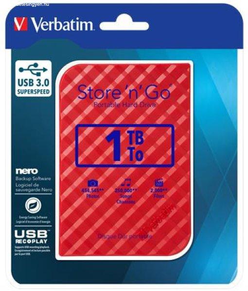 2,5" HDD (merevlemez), 1TB, USB 3.0, VERBATIM "Store n Go", piros