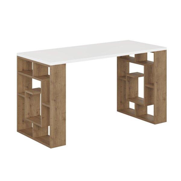 Íróasztal, fehér, sötét tölgyfa, polccal 150 cm - ESCARGOT - Butopêa