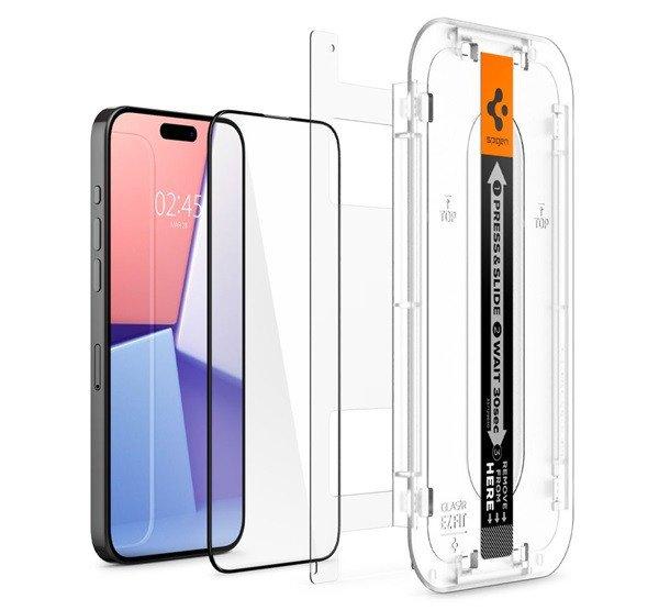 SPIGEN EZ FIT HD képernyővédő üveg (2.5D, tokbarát, ultravékony, 0.2mm,
9H + segédkeret) FEKETE Apple iPhone 15 Pro Max