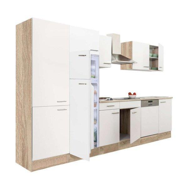 Yorki 340 konyhablokk sonoma tölgy korpusz,selyemfényű fehér fronttal polcos
szekrénnyel és felülfagyasztós hűtős szekrénnyel