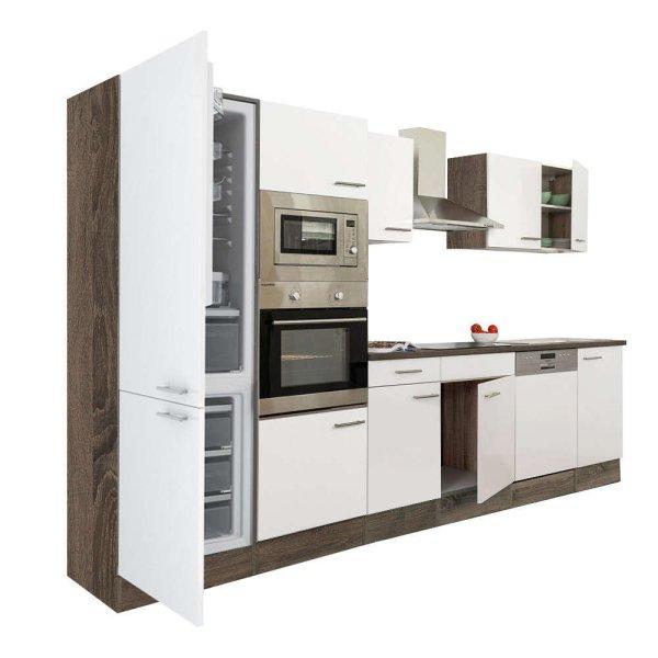 Yorki 340 konyhablokk yorki tölgy korpusz,selyemfényű fehér fronttal
alulfagyasztós hűtős szekrénnyel