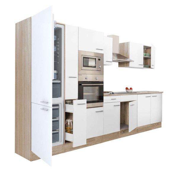Yorki 360 konyhablokk sonoma tölgy korpusz,selyemfényű fehér fronttal
alulfagyasztós hűtős szekrénnyel