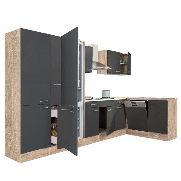 Yorki 370 sarok konyhablokk sonoma tölgy korpusz,selyemfényű antracit
fronttal polcos szekrénnyel és alulfagyasztós hűtős szekrénnyel