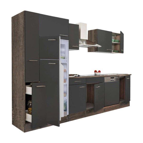 Yorki 310 konyhablokk yorki tölgy korpusz,selyemfényű antracit fronttal
felülfagyasztós hűtős szekrénnyel