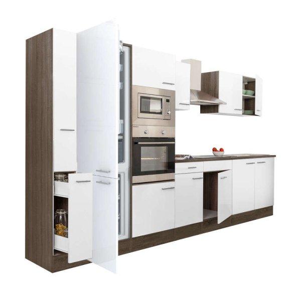 Yorki 360 konyhablokk yorki tölgy korpusz,selyemfényű fehér fronttal
alulfagyasztós hűtős szekrénnyel