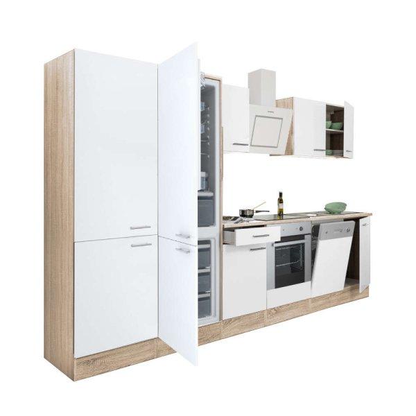 Yorki 340 konyhablokk sonoma tölgy korpusz,selyemfényű fehér front alsó
sütős elemmel polcos szekrénnyel és alulfagyasztós hűtős szekrénnyel