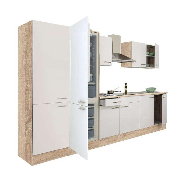 Yorki 330 konyhablokk sonoma tölgy korpusz,selyemfényű fehér fronttal polcos
szekrénnyel és alulfagyasztós hűtős szekrénnyel