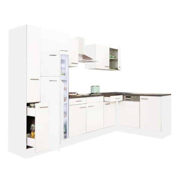 Yorki 310 sarok konyhablokk fehér korpusz,selyemfényű fehér fronttal
felülfagyasztós hűtős szekrénnyel