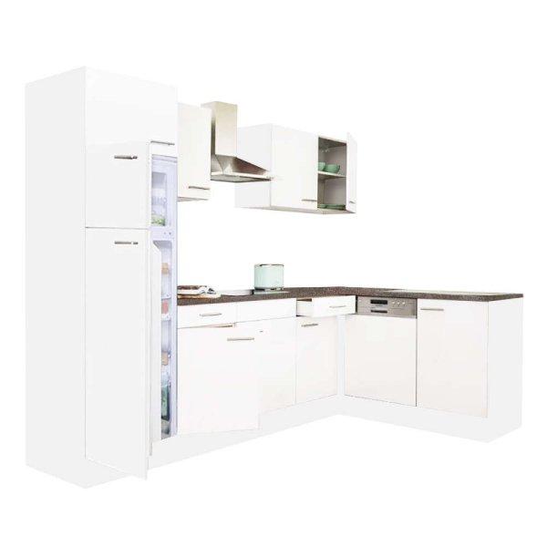 Yorki 280 sarok konyhablokk fehér korpusz,selyemfényű fehér fronttal
felülfagyasztós hűtős szekrénnyel