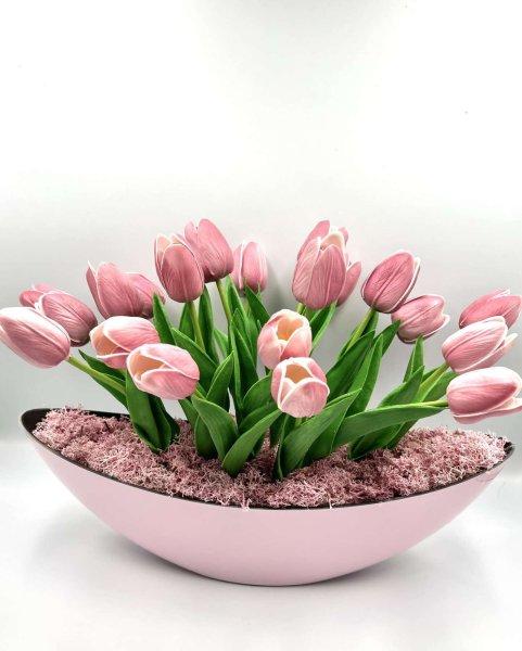 Mályva színű tulipános asztaldísz 