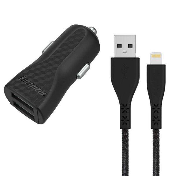 Energizer HardCase - autós töltő 2x USB-A 17W 3.4A + MFi certified Lightning
cable fekete