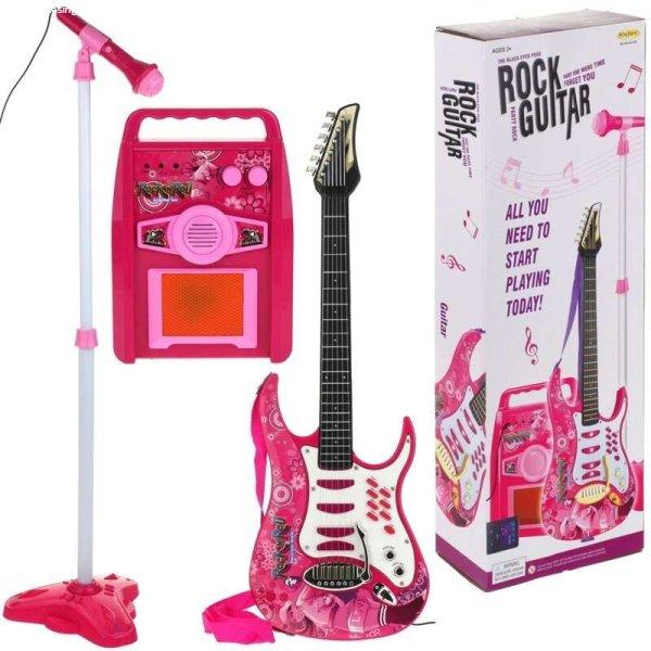Rock'n'Roll Játék Gitár Mikrofon+Állvány Erősítő Készlet Pink