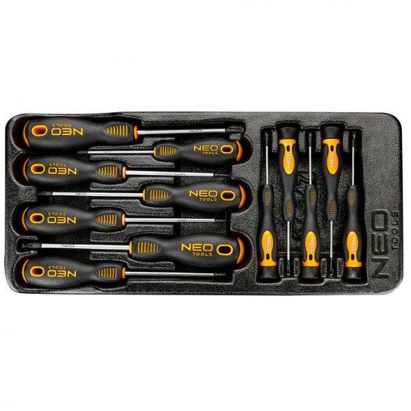 Neo Tools 84-247 műszerész, precíziós csavarhúzó készlet, pz, torx, 12db,
műhelykocsitálcával, Fekete/Narancs