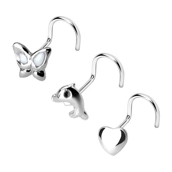 Három orr piercing készlet 925 ezüstből - delfin, szív, pillangó