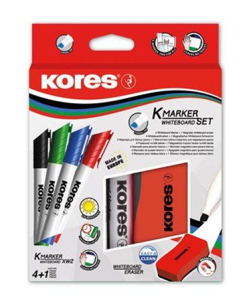  Tábla- és flipchart marker készlet mágneses táblatörlő szivaccsal, 3-5
mm, kúpos KORES, 4 különböző szín