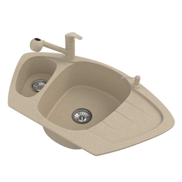 Gránit mosogató NERO Compact + kihúzható zuhanyfejes Shower csaptelep +
adagoló (bézs)