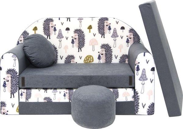Nyitható mini kanapé gyerekeknek, sün mintával, szürke + ajándék puffal
