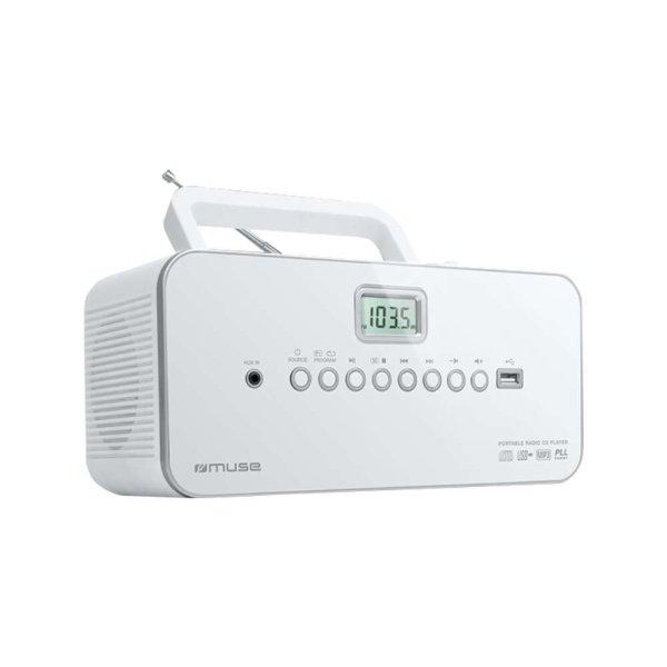 Hordozható Rádió CD/MP3 lejátszó USB-vel MUSE M-28 DG, LCD képernyő, FM
antenna rúddal, Fehér