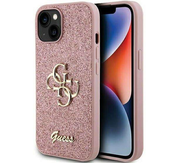 Guess Glitter Script Big 4G iPhone 15 hátlap tok, rózsaszín
