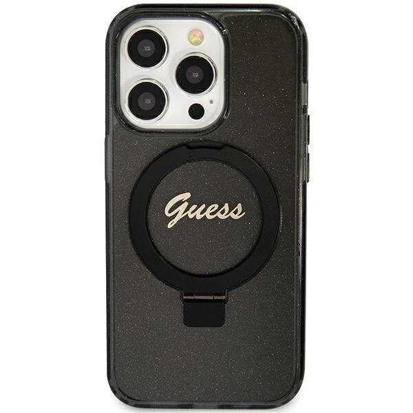 Guess Ring Stand Script Glitter MagSafe tok iPhone 11 / Xr - fekete