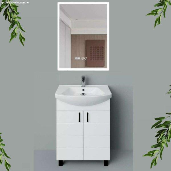 HD MART 65 cm széles álló fürdőszobai mosdószekrény, fényes fehér,
fekete kiegészítőkkel, 2 soft close ajtóval, íves kerámia mosdóval és
LED okostükörrel