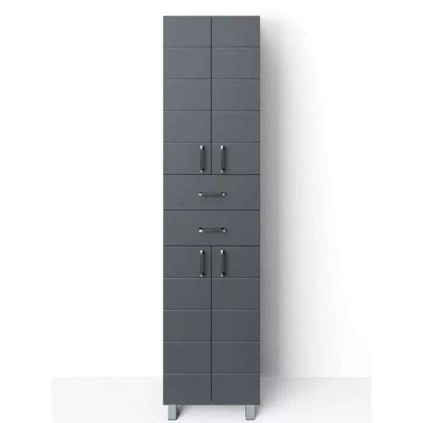 HD MART 60 cm széles polcos álló fürdőszobai magas szekrény, sötét
szürke, króm kiegészítőkkel, 4 soft close ajtóval és 2 fiókkal