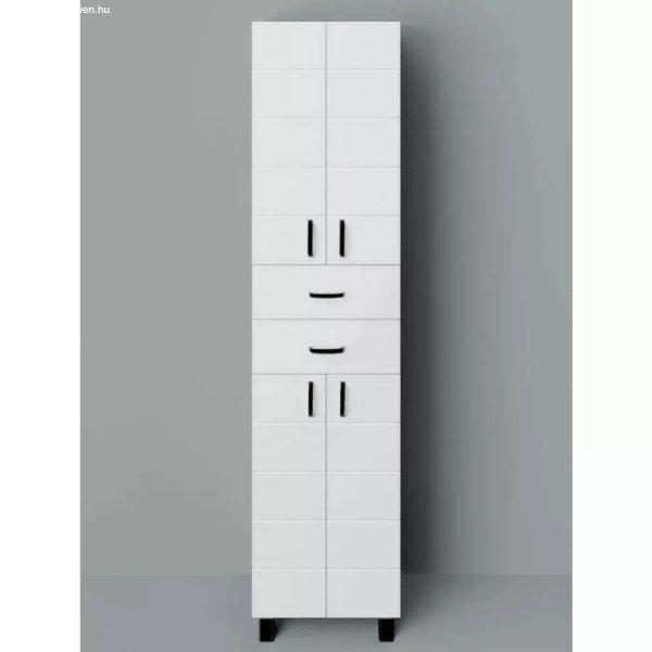 HD MART 45 cm széles polcos álló fürdőszobai magas szekrény, fényes
fehér, fekete kiegészítőkkel, 4 soft close ajtóval és 2 fiókkal