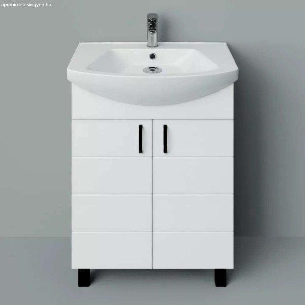 HD MART 55 cm széles álló fürdőszobai mosdószekrény, fényes fehér,
fekete kiegészítőkkel, 2 soft close ajtóval, íves kerámia mosdóval