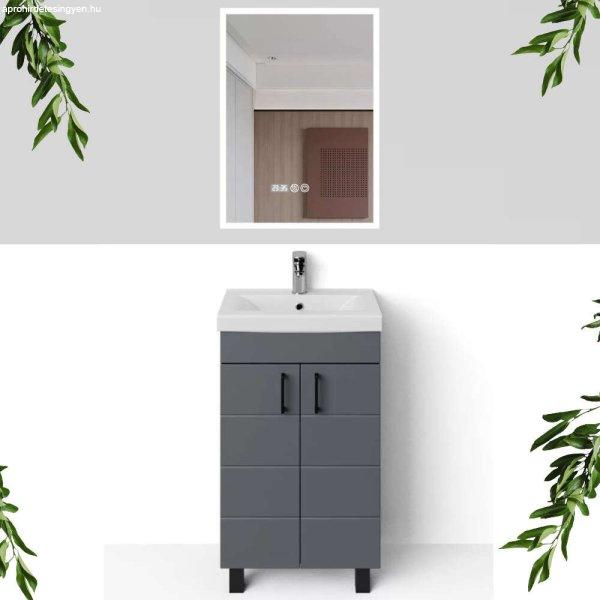 HD HÉRA 50 cm széles álló fürdőszobai mosdószekrény, sötét szürke,
fekete kiegészítőkkel, 2 soft close ajtóval, szögletes kerámia mosdóval
és LED okostükörrel