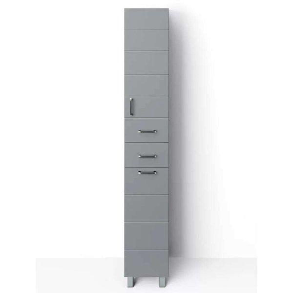 HD MART 30 cm széles szennyestartós álló fürdőszobai magas szekrény,
világos szürke, króm kiegészítőkkel, 1 soft close ajtóval, 2 fiókkal és
szennyestartóval