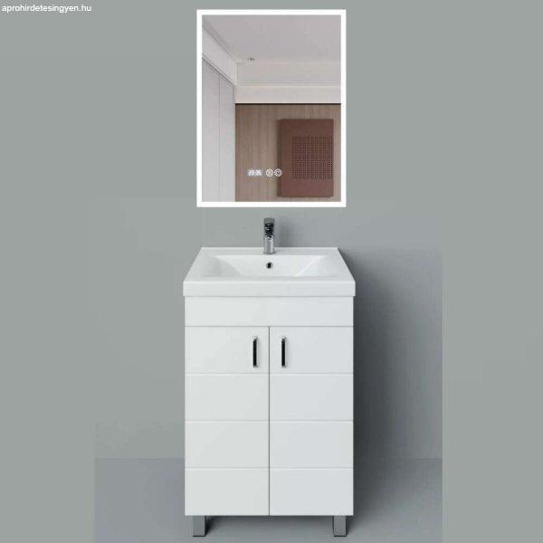 HÉRA 55 cm széles álló fürdőszobai mosdószekrény, fényes fehér, króm
kiegészítőkkel, 2 soft close ajtóval, szögletes kerámia mosdóval és LED
okostükörrel