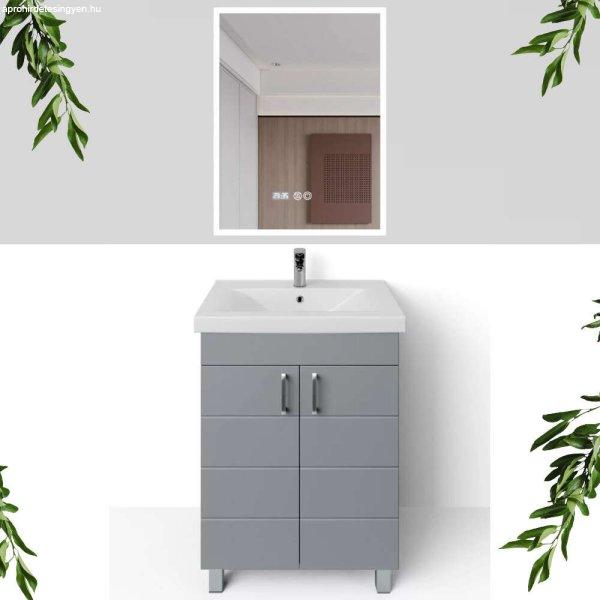 HD HÉRA 65 cm széles álló fürdőszobai mosdószekrény, világos szürke,
króm kiegészítőkkel, 2 soft close ajtóval, szögletes kerámia mosdóval
és LED okostükörrel